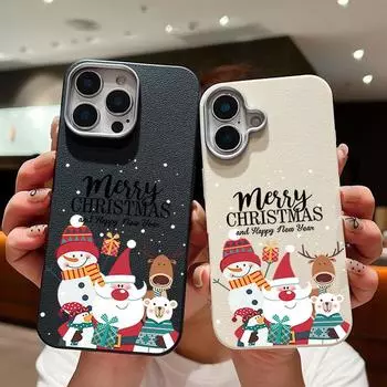 Веселый рождественский Санта-Клаус снеговик принт кожа текстура тонкий чехол для iPhone 16 Pro Max 15 Pro 14 13 12 11 TPU мягкий противоударный матовый чехол для телефона iPhone 16 чёрный