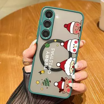 Веселый рождественский снеговик лось матовый прозрачный чехол для MagSafe для Samsung S24 FE S23 Ultra A55 A54 A35 A34 A15 противоударный мягкий магнитный чехол для телефона Samsung S24 чёрный