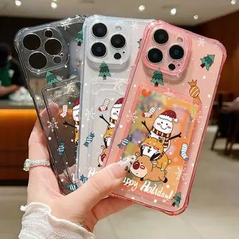 Веселый рождественский снеговик с принтом лося, прозрачный чехол с отделением для карт для iPhone 16 Pro Max 15 Pro 14 13 12 11, мягкий силиконовый тонкий противоударный прозрачный чехол для телефона iPhone 16 серый