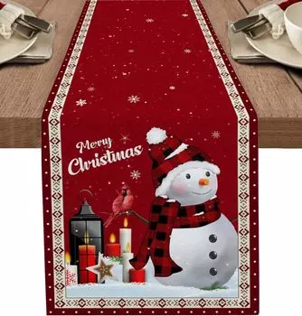Веселый рождественский снеговик, снежинка, красная льняная дорожка для стола, зимний рождественский декор для вечеринки, праздничный свадебный декор, украшения Navidad 2025 150x33cm 59x13inch