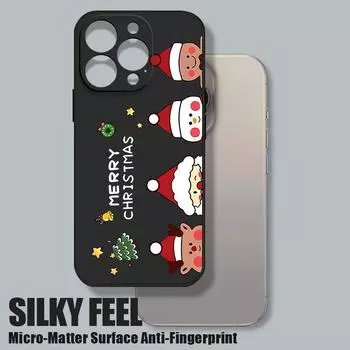 Веселый рождественский тонкий чехол с рисунком лося и Санты для iPhone 16 Pro Max 15 Pro 14 13 12 11 милый снеговик матовый противоударный мягкий ремешок чехол для телефона из ТПУ iPhone 16 чёрный
