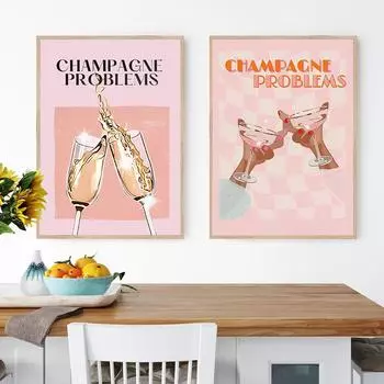 Веселый розовый коктейль, проблемы с шампанским, принт, настенное искусство для бара, Y2K, клетчатый холст, живопись, постеры, фотографии для декора в консервативном общежитии 21x30cm No Framed
