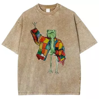 Веселый стиль Мультяшная футболка с принтом лягушки мужская и женская с винтажным эффектом варки в воде с коротким рукавом летняя Модная повседневная S