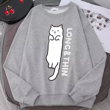 Веселый тонкий белый кот милый принт мультфильмы толстовка с капюшоном мужская мода принты свитшот с круглым вырезом свободная спортивная одежда осенняя толстовка с капюшоном пуловеры и длинные рукава мужские S чёрный