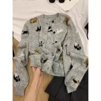 Веселый жаккардовый кардиган с круглым вырезом, стильный вязаный кардиган на раннюю осень Grey S [Suggested 37.50 kg-45.00 kg]]