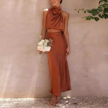 Весенне-летнее элегантное атласное сексуальное платье женское тонкое однотонное повседневное платье из двух предметов костюм с высокой талией вечернее винтажное платье 25772