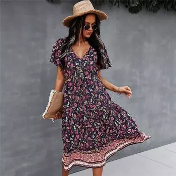 Весенне-летнее богемное платье с принтом, женское платье с коротким рукавом, V-образным вырезом, высокой талией, S-XL L красный