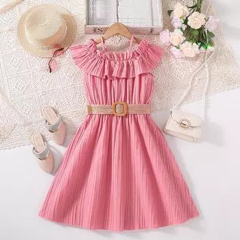 Весенне-летнее детское модное платье принцессы с лямкой на шее, милое платье для девочек 100cm=4Y
