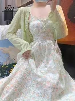 Весенне-летнее французское элегантное платье миди с цветочным принтом, женское пляжное винтажное платье на бретельках, женское корейское милое сказочное праздничное платье, шикарное S