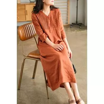 Весенне-летнее льняное платье в западном стиле с рукавами пять четвертей, женское повседневное стареющее платье в стиле ретро, со складками и V-образным вырезом, тонкое, длиной до колена XXXL белый