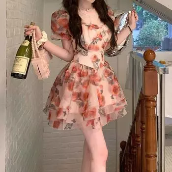 Весенне-летнее милое платье с цветочным принтом Wild Rose Платье с пышными рукавами L разноцветный