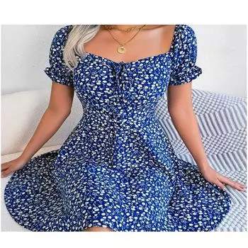 Весенне-летнее мини-платье с квадратным воротником и цветочными оборками, женское повседневное платье трапециевидной формы с расклешенными рукавами и шнуровкой на шнуровке с принтом XS красный