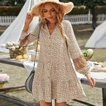 Весенне-летнее мини-платье выше колена с цветочным принтом, женское повседневное прямое платье с v-образным вырезом и длинными рукавами, однобортное, со свободной талией, S-XL S синий