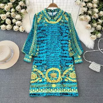 Весенне-летнее модное платье с принтом в стиле барокко, женское платье с длинными рукавами и цветными блоками, вечерние мини-платья трапециевидной формы, свободные M синий