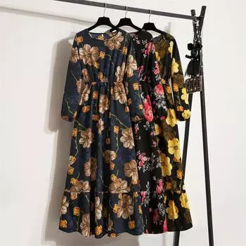 Весенне-летнее модное повседневное платье с длинным рукавом и круглым вырезом с цветочным принтом, женское богемное вечернее длинное платье, платья макси S