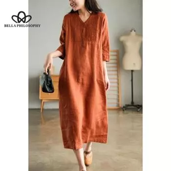 Весенне-летнее новое литературное льняное тонкое длинное платье длиной выше колена с V-образным вырезом и рукавами с пятью точками L зелёный