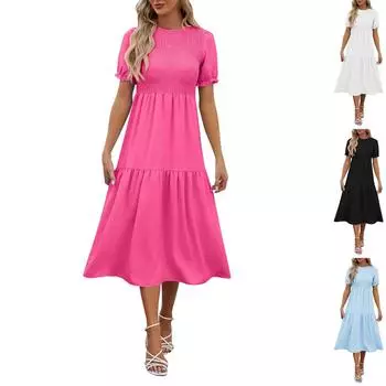 Весенне-летнее новое однотонное женское платье с круглым вырезом и короткими рукавами L чёрный