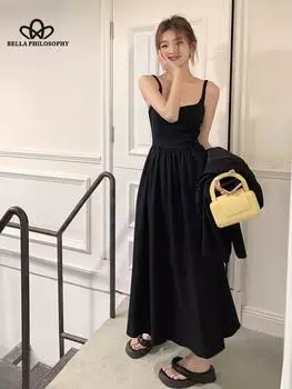 Весенне-летнее новое платье с вышивкой, женское платье с лямкой на шее, элегантное черное платье, повседневное пляжное вечернее платье S чёрный