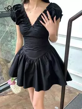 Весенне-летнее новое платье во французском стиле, женское плиссированное талии, утягивающее милое платье сказочной принцессы S чёрный