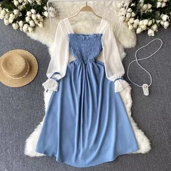 Весенне-летнее новое ретро-платье трапециевидной формы с квадратным воротником и длинными рукавами из двух частей талии с большим подолом