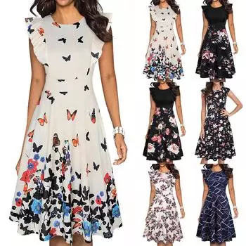 Весенне-летнее новое женское платье с короткими рукавами и тонким принтом в стиле ретро XXL серый