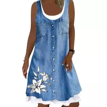 Весенне-летнее новое женское повседневное платье большого размера без рукавов с принтом 3XL