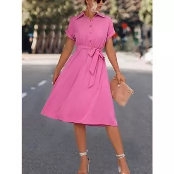 Весенне-летнее платье-рубашка с коротким рукавом, женское элегантное платье с лацканами на шнуровке, повязка, повседневное платье трапециевидной формы, женские пуговицы, модные вечерние свободные платья, одежда 805 S чёрный