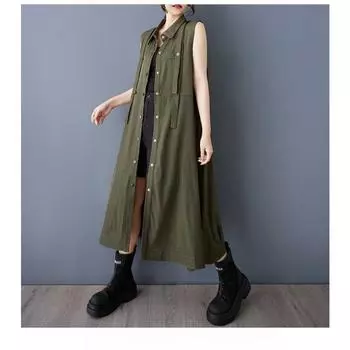Весенне-летнее платье-рубашка с жилетом, модное миди, тонкое пальто, длинная юбка One size армия зеленый