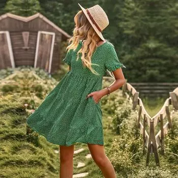 Весенне-летнее платье с круглым вырезом и коротким рукавом с пасторальным принтом и принтом M чёрный