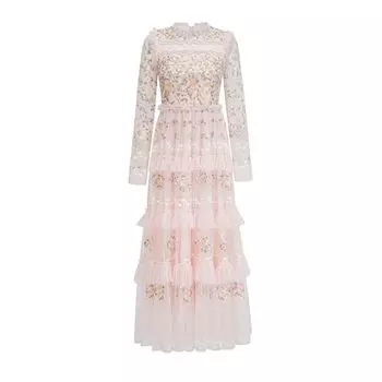 Весенне-летнее платье с вышивкой феи, газовое, с круглым вырезом, приталенное, с юбкой-маятником M розовый