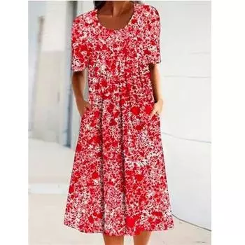 Весенне-летнее платье средней длины с цветочным принтом и круглым вырезом для женщин XXXXXL
