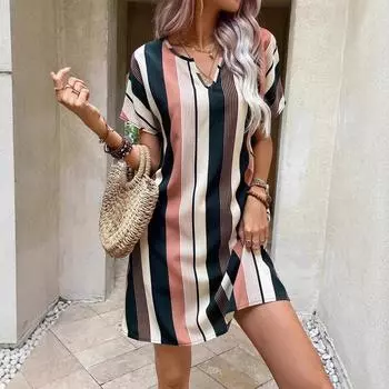 Весенне-летнее полосатое повседневное женское платье с V-образным вырезом и короткими рукавами S чёрный