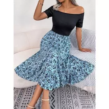 Весенне-летнее повседневное платье-миди с открытыми плечами и цветочными рюшами в европейском и американском стиле S синий