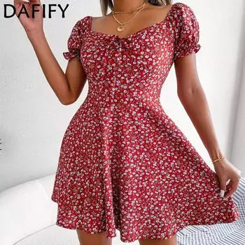 DAFIFY женские модные летние весенние повседневные платья с цветочным узором и короткими рукавами и квадратным воротником с высокой талией S