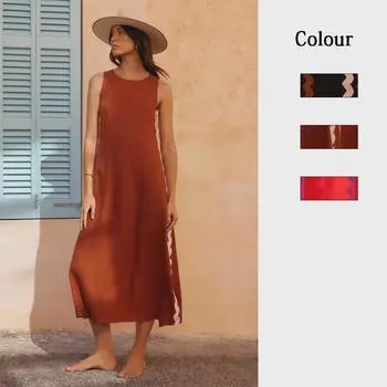 Весенне-летнее повседневное платье-жилет с круглым вырезом и кружевной отделкой - однотонный цвет, средней длины