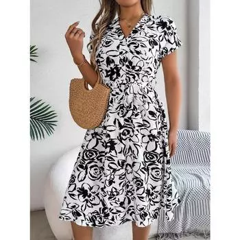 Весенне-летнее повседневное свободное платье с v-образным вырезом и пуговицами с цветочным узором S белый