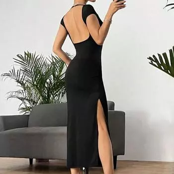 Весенне-летнее тонкое сексуальное платье с открытой спиной и разрезом на бедрах с коротким рукавом, женские модные однотонные платья XL чёрный