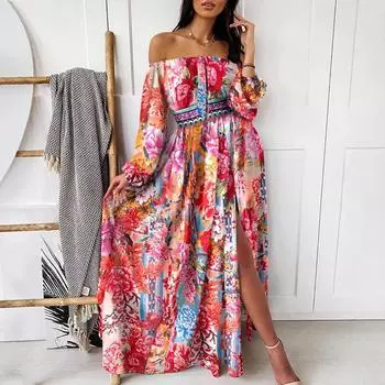 Весенне-летнее вечернее платье с принтом, платье с V-образным вырезом, ретро-свитшот с длинными рукавами, разрезом, длинное платье оптом S