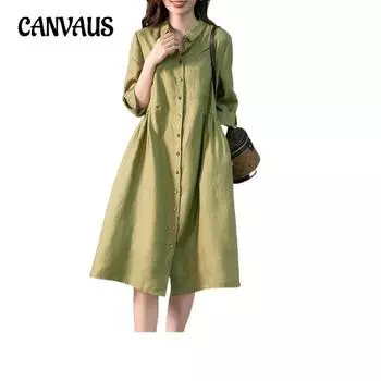 Весенне-летнее женское элегантное хлопково-льняное платье-рубашка больших размеров, однотонные платья M розовый