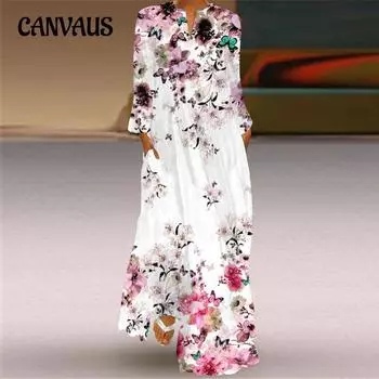 Весенне-летнее женское длинное платье больших размеров с v-образным вырезом, длинными рукавами и карманами, свободные платья с принтом