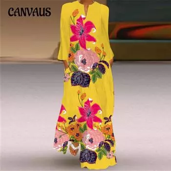 Весенне-летнее женское длинное платье больших размеров с v-образным вырезом, длинными рукавами и карманами, свободные платья с принтом