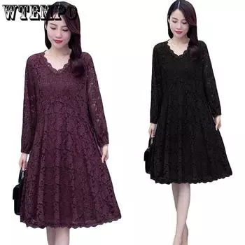 Весенне-летнее женское кружевное платье больших размеров, юбка-трапеция средней длины с длинными рукавами, универсальное женское платье с v-образным вырезом XXXXXL чёрный