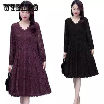 Весенне-летнее женское кружевное платье больших размеров, юбка-трапеция средней длины с длинными рукавами, универсальное женское платье с v-образным вырезом XXXXXL чёрный