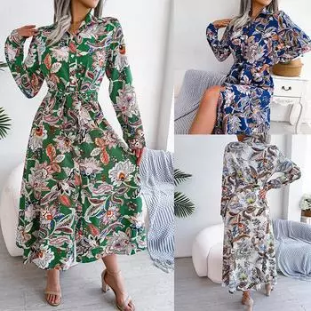 Весенне-летнее женское модное платье-рубашка с цветочным воротником и длинным рукавом с завязками, универсальное платье с принтом S королевский синий