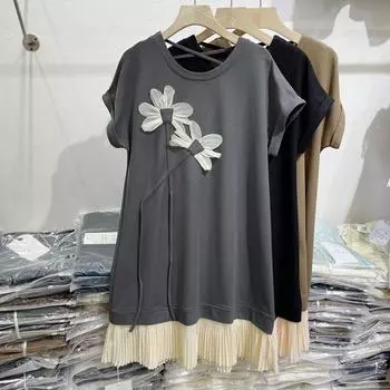 Весенне-летнее женское модное повседневное свободное платье-футболка средней длины с короткими рукавами XXXL чёрный