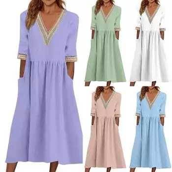 Весенне-летнее женское однотонное кружевное платье с короткими рукавами и v-образным вырезом до талии XL розовый