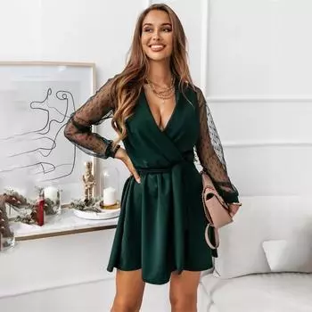 Весенне-летнее женское однотонное кружевное сексуальное короткое платье с длинным рукавом и V-образным вырезом S красный