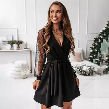 Весенне-летнее женское однотонное кружевное сексуальное короткое платье с длинным рукавом и V-образным вырезом S зелёный