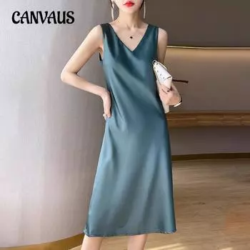 Весенне-летнее женское платье без рукавов, шелковое платье с v-образным вырезом, однотонные топы с внутренней стороны, длинное платье с бретелькой на бретельках