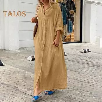 Весенне-летнее женское платье больших размеров, свободное однобортное однобортное платье с V-образным вырезом и длинными рукавами, мягкий дышащий повседневный макси до щиколотки M темно-синий